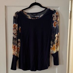 Liverpool Dark Blue Blouse with Vibrant Floral Sleeves
